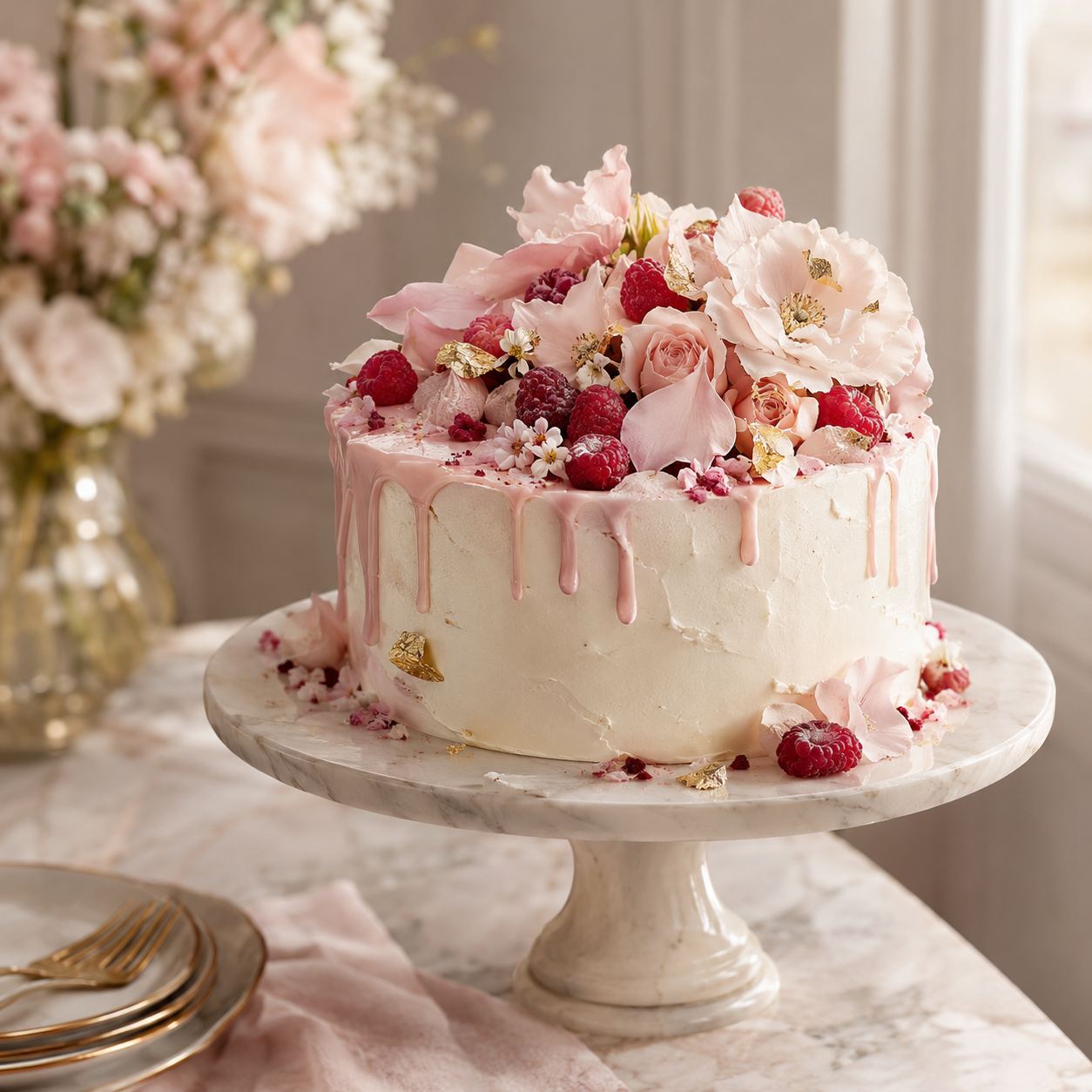 Elfenbensvit tårta med puderrosa drip, rosa blommor, hallon och guldblad på ett marmorfat