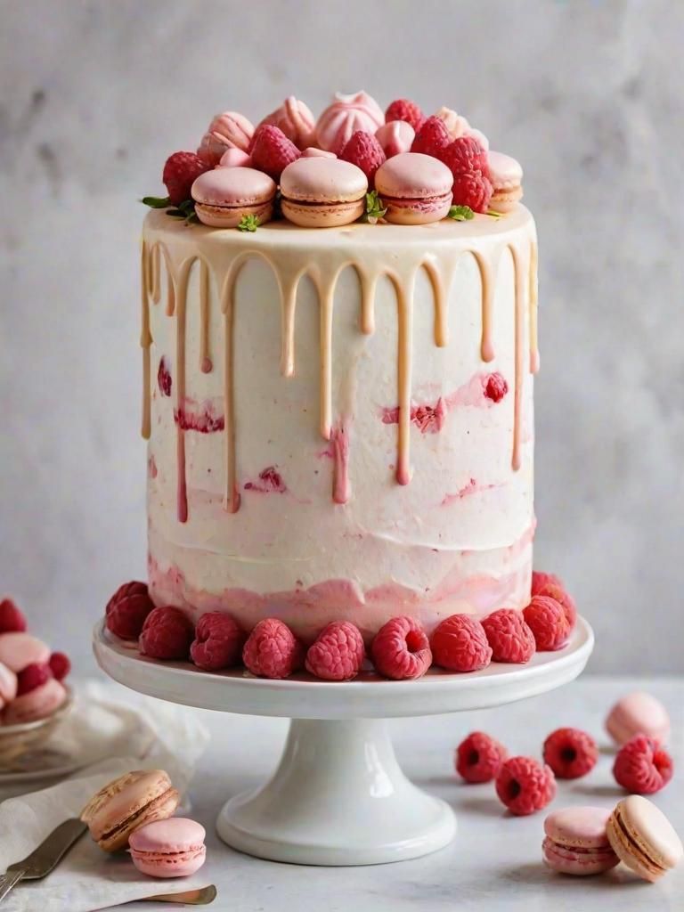 Hög vit tårta med karamelldrip, hallon och rosa macarons